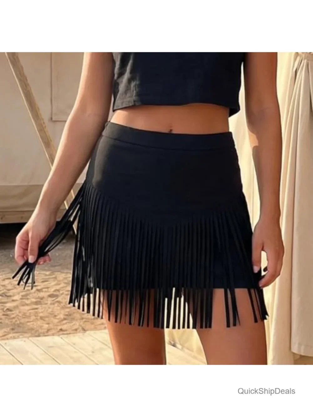 Fringe Cowgirl Mini Skirt High Waisted A Line Faux Suede Party Skirt